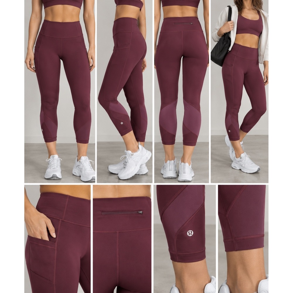 Lululemon Fast and Free High-Rise Crop 19 Burgundy Leggings Pockets Size 12